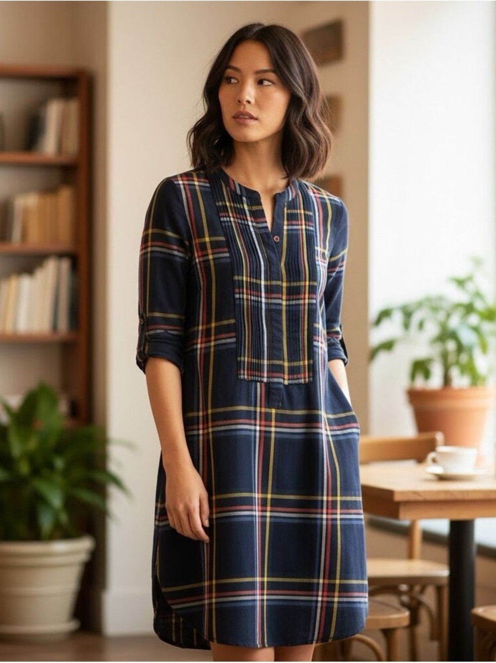 Old Navy Plaid Rayon Pintuck Popover Shirt Dress Tunic Navy Medium